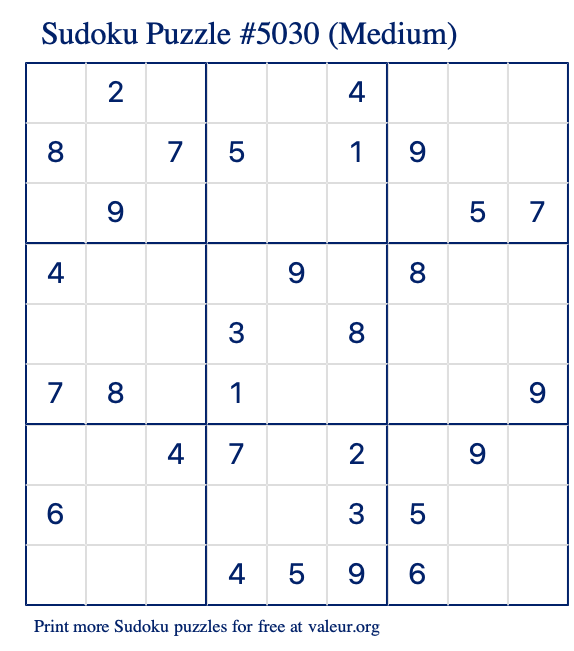Free Printable Medium Sudoku Puzzle number 5030
