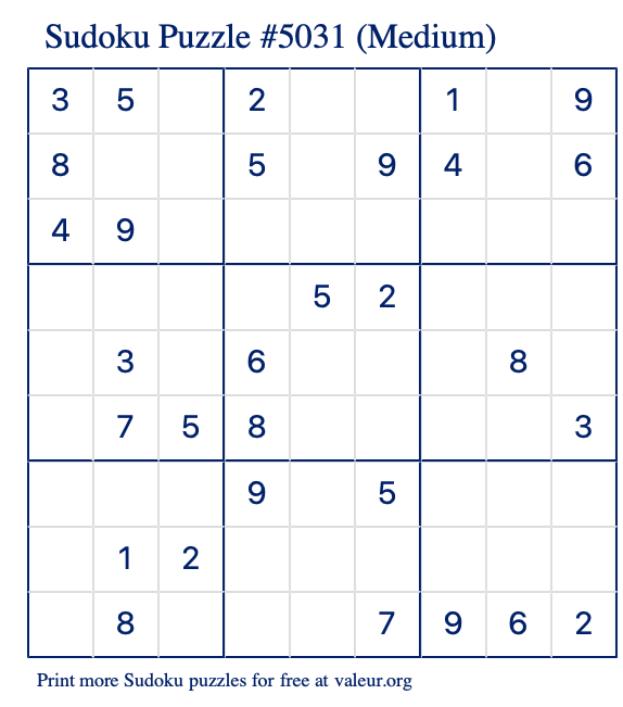 Free Printable Medium Sudoku Puzzle number 5031