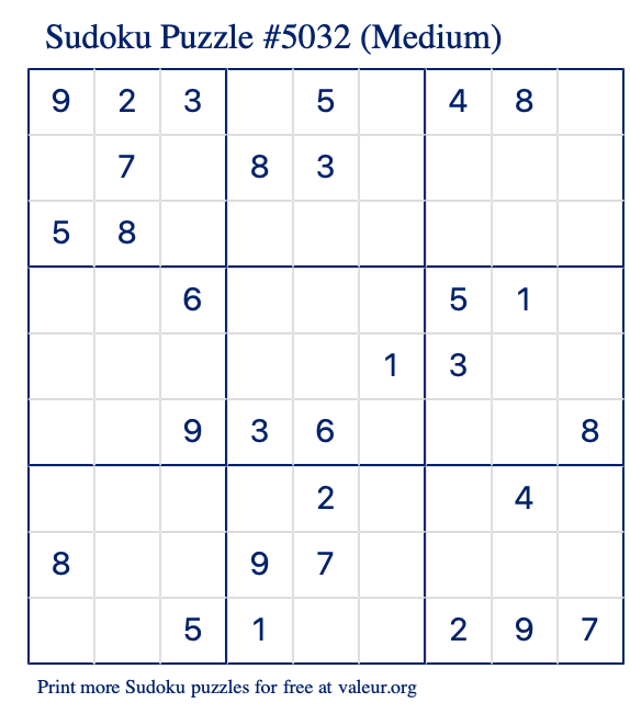 Free Printable Medium Sudoku Puzzle number 5032