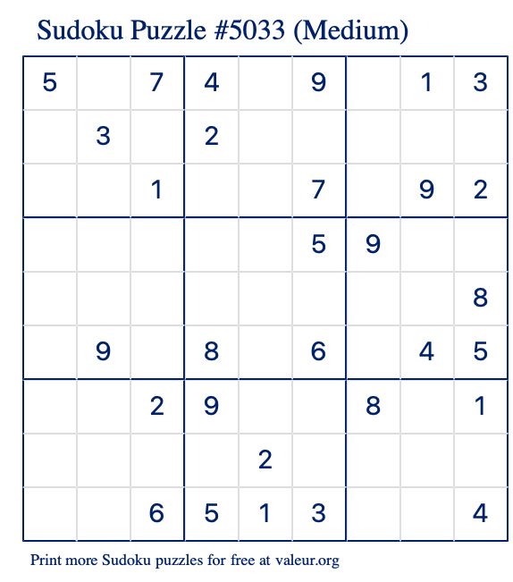 Free Printable Medium Sudoku Puzzle number 5033