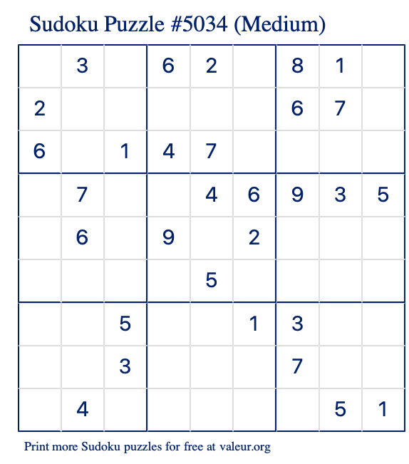 Free Printable Medium Sudoku Puzzle number 5034