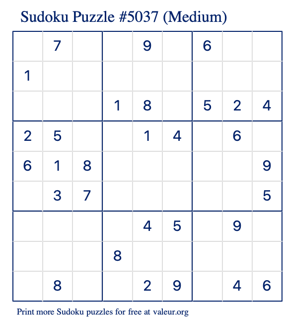 Free Printable Medium Sudoku Puzzle number 5037