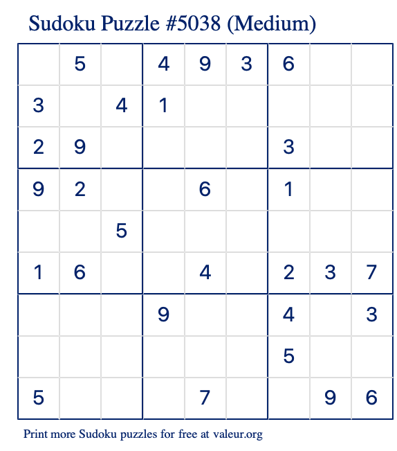 Free Printable Medium Sudoku Puzzle number 5038