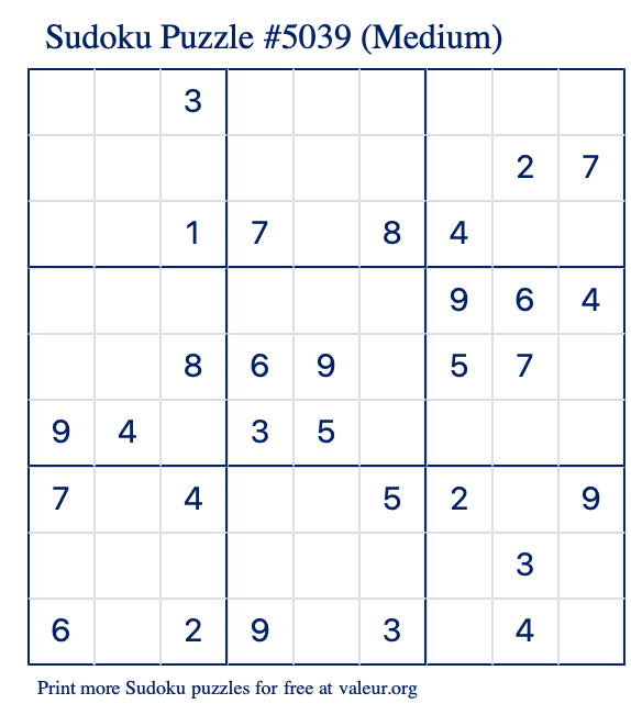 Free Printable Medium Sudoku Puzzle number 5039
