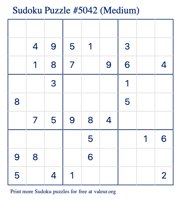 Free Printable Medium Sudoku Puzzle number 5042
