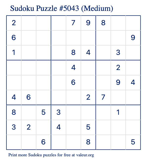 Free Printable Medium Sudoku Puzzle number 5043