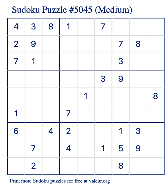 Free Printable Medium Sudoku Puzzle number 5045