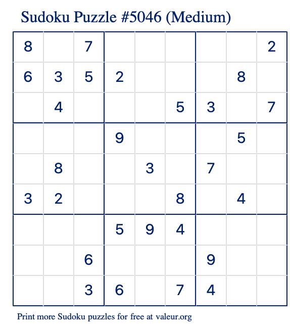 Free Printable Medium Sudoku Puzzle number 5046