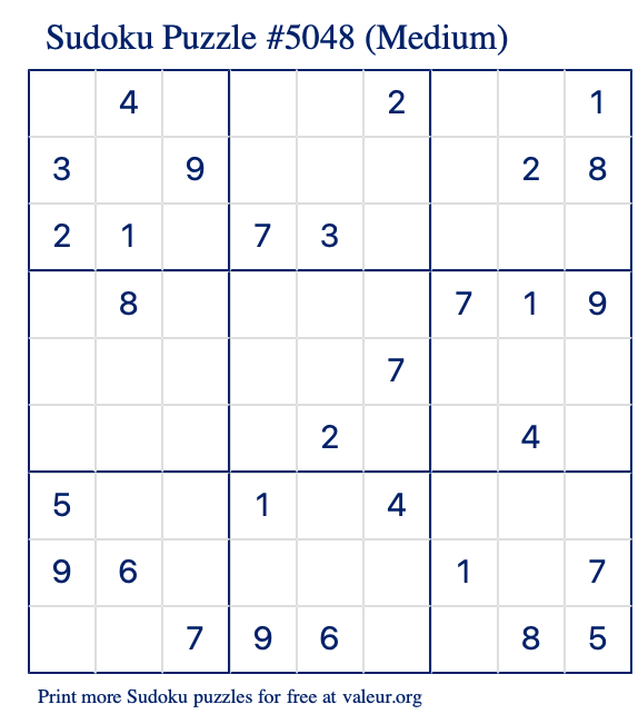 Free Printable Medium Sudoku Puzzle number 5048