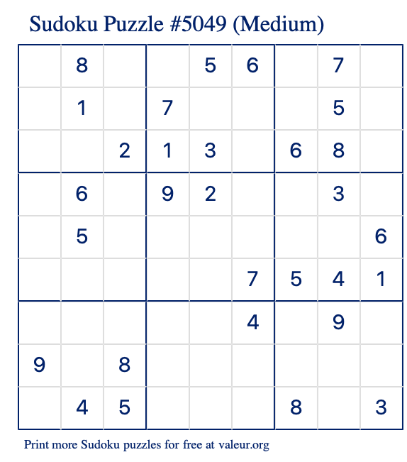Free Printable Medium Sudoku Puzzle number 5049