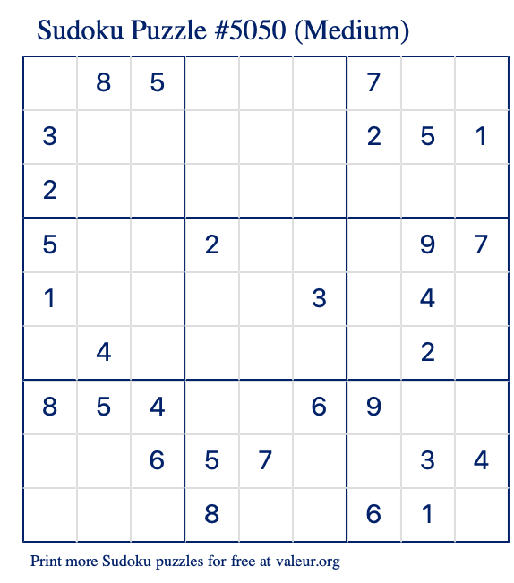 Free Printable Medium Sudoku Puzzle number 5050