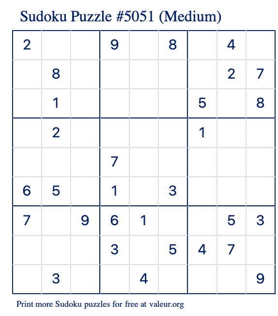 Free Printable Medium Sudoku Puzzle number 5051