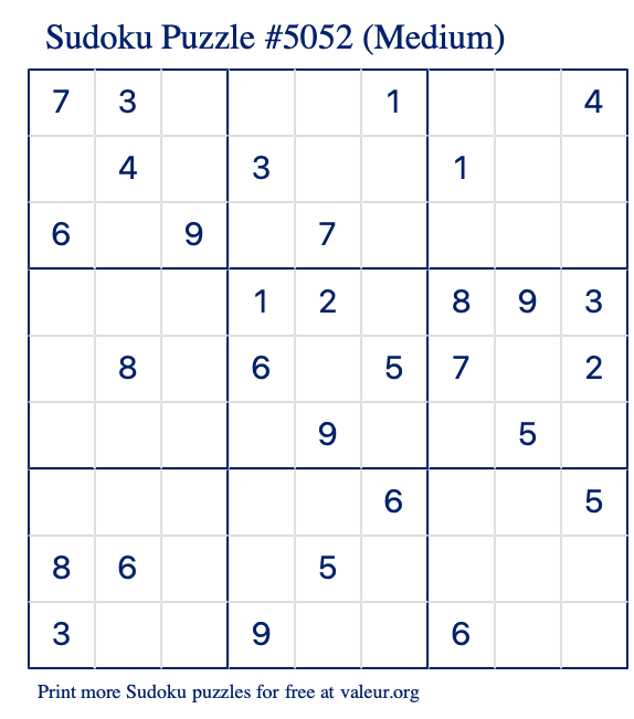 Free Printable Medium Sudoku Puzzle number 5052