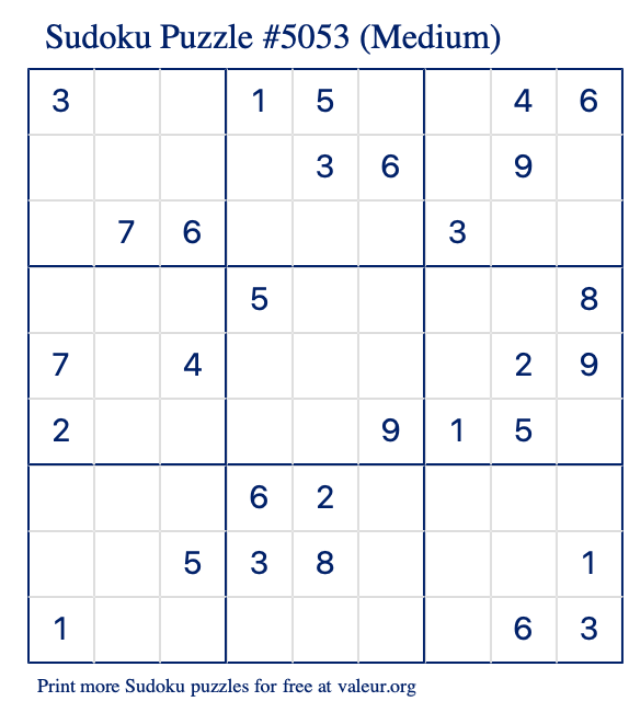 Free Printable Medium Sudoku Puzzle number 5053