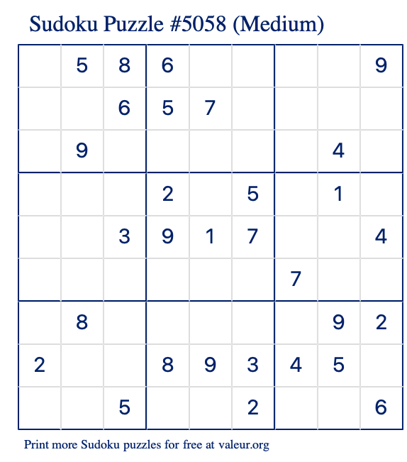 Free Printable Medium Sudoku Puzzle number 5058