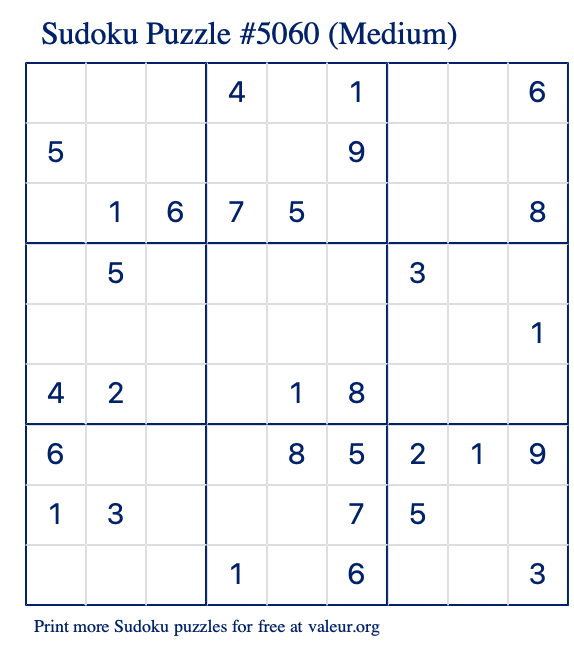 Free Printable Medium Sudoku Puzzle number 5060