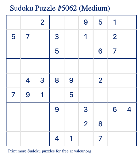 Free Printable Medium Sudoku Puzzle number 5062