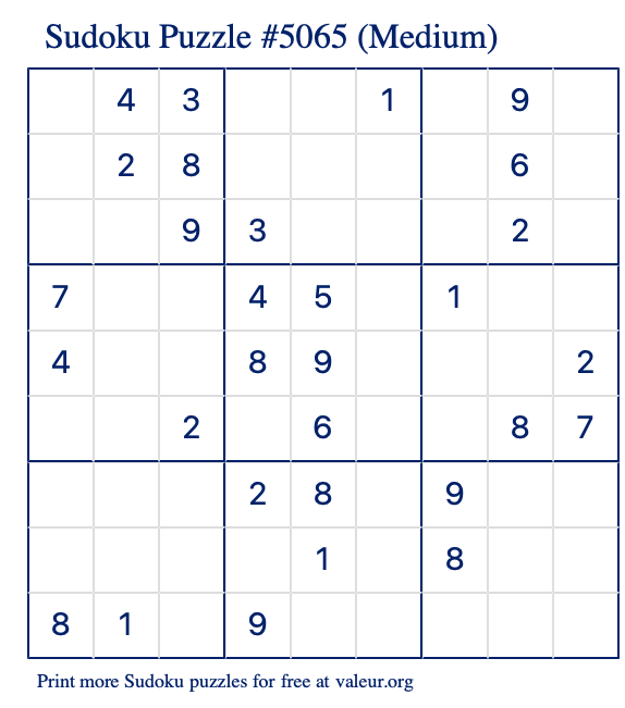 Free Printable Medium Sudoku Puzzle number 5065