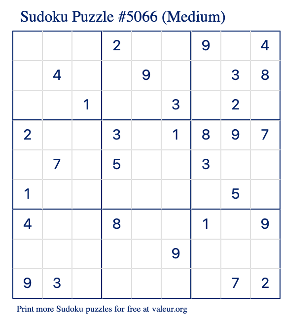 Free Printable Medium Sudoku Puzzle number 5066