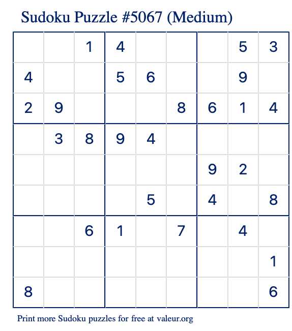 Free Printable Medium Sudoku Puzzle number 5067