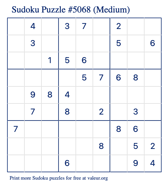 Free Printable Medium Sudoku Puzzle number 5068