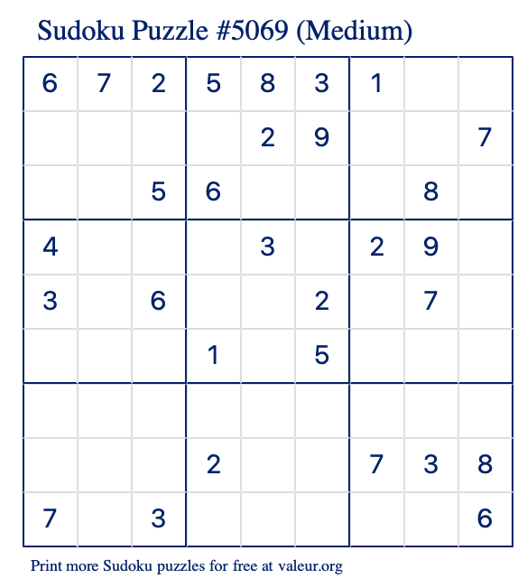 Free Printable Medium Sudoku Puzzle number 5069