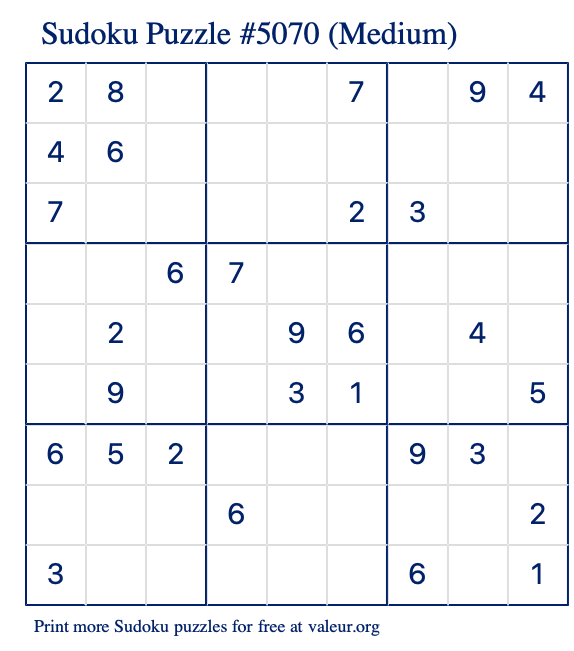 Free Printable Medium Sudoku Puzzle number 5070