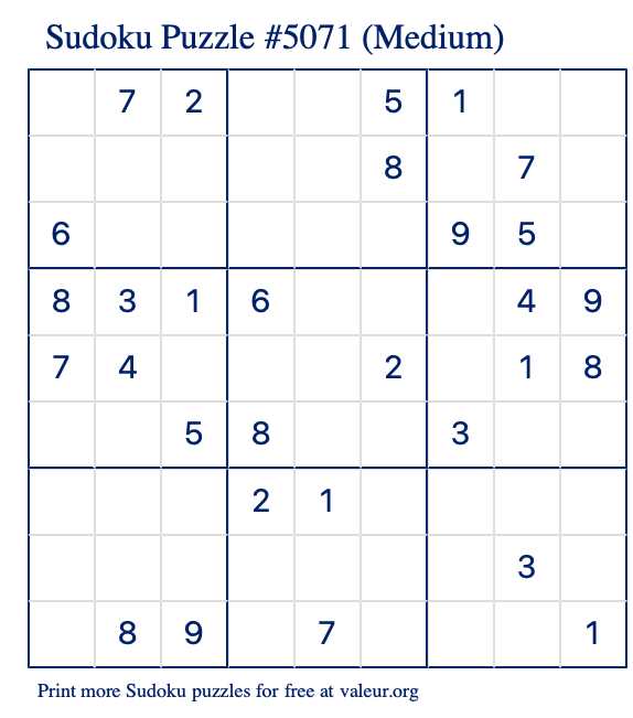 Free Printable Medium Sudoku Puzzle number 5071