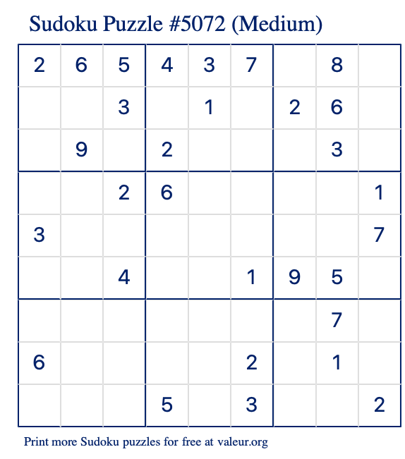 Free Printable Medium Sudoku Puzzle number 5072