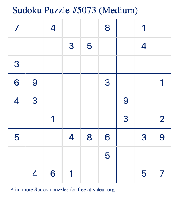 Free Printable Medium Sudoku Puzzle number 5073