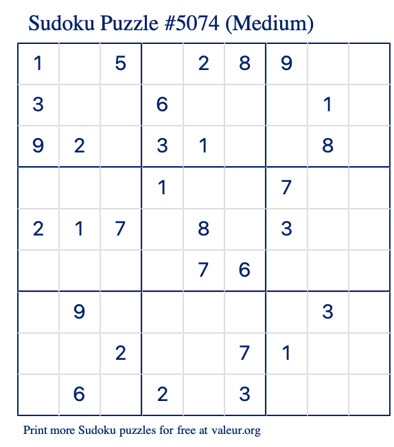 Free Printable Medium Sudoku Puzzle number 5074
