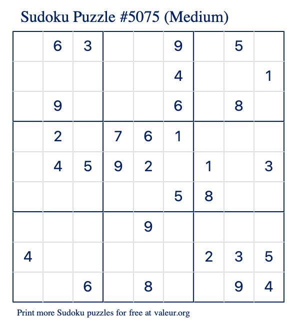 Free Printable Medium Sudoku Puzzle number 5075