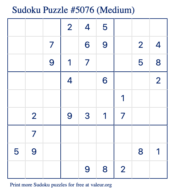 Free Printable Medium Sudoku Puzzle number 5076
