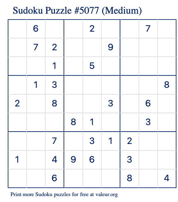 Free Printable Medium Sudoku Puzzle number 5077