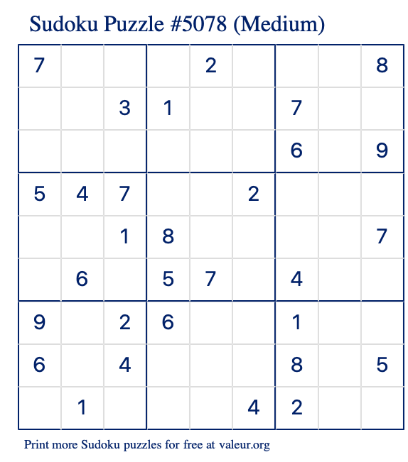 Free Printable Medium Sudoku Puzzle number 5078