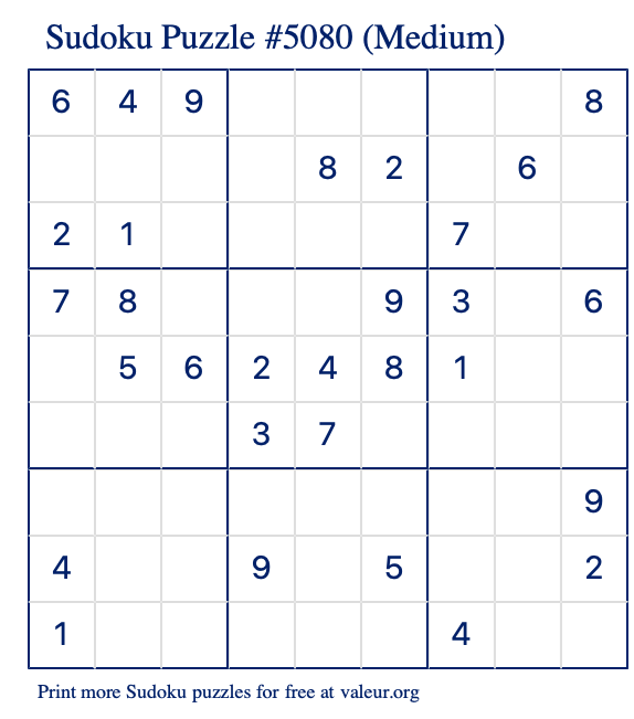 Free Printable Medium Sudoku Puzzle number 5080