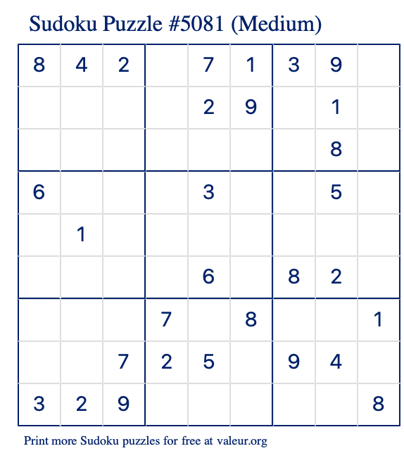 Free Printable Medium Sudoku Puzzle number 5081