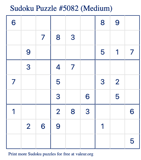 Free Printable Medium Sudoku Puzzle number 5082