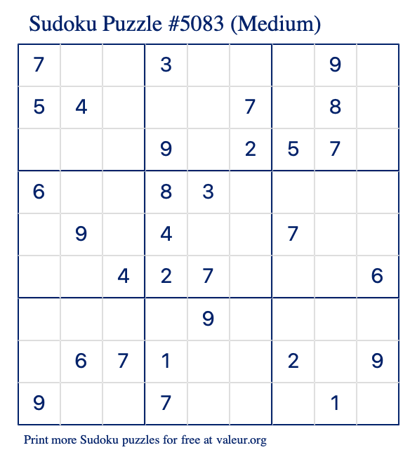Free Printable Medium Sudoku Puzzle number 5083