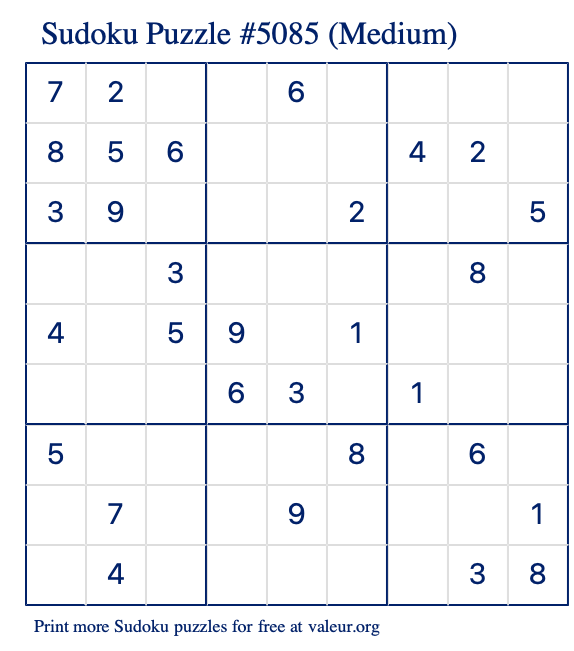Free Printable Medium Sudoku Puzzle number 5085