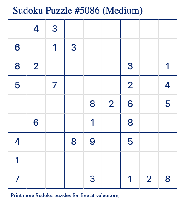 Free Printable Medium Sudoku Puzzle number 5086