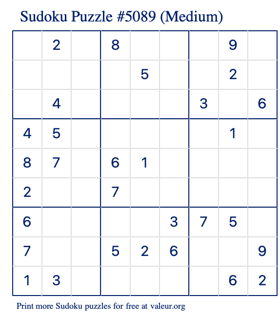 Free Printable Medium Sudoku Puzzle number 5089