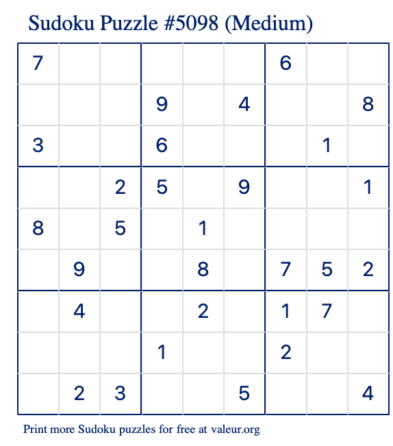 Free Printable Medium Sudoku Puzzle number 5098