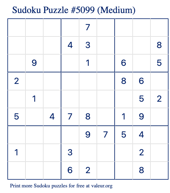 Free Printable Medium Sudoku Puzzle number 5099