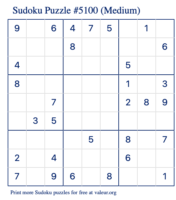Free Printable Medium Sudoku Puzzle number 5100