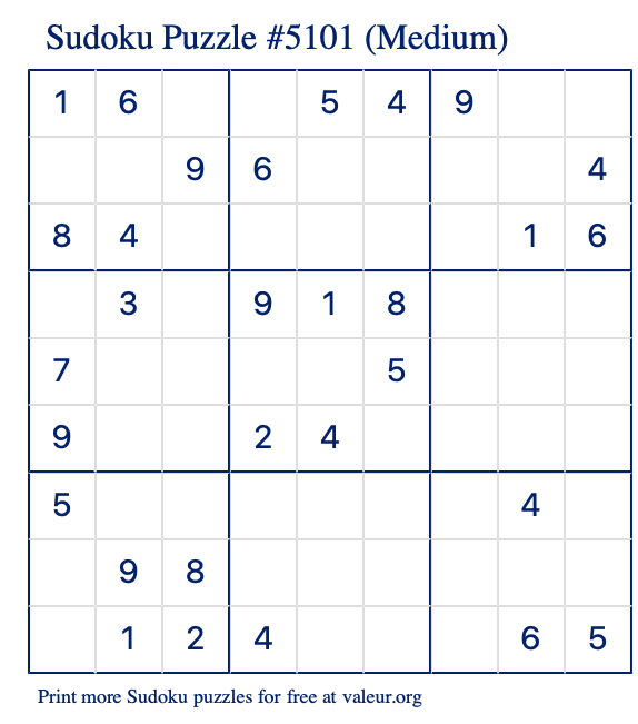 Free Printable Medium Sudoku Puzzle number 5101