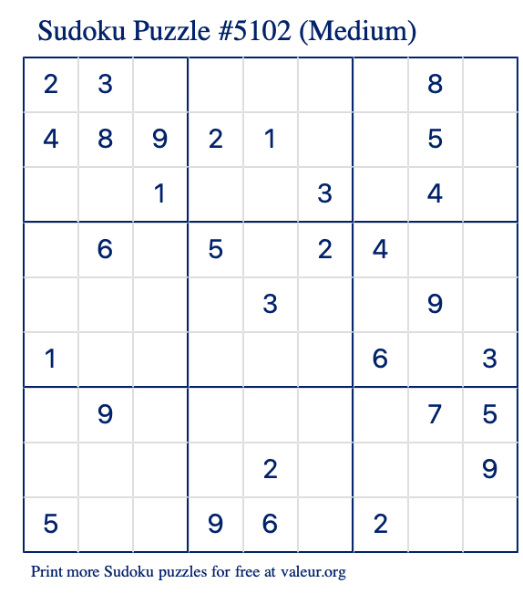 Free Printable Medium Sudoku Puzzle number 5102