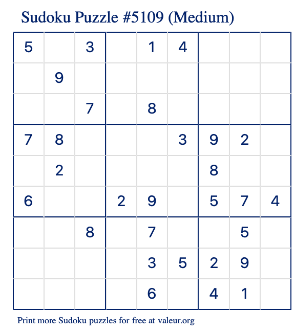 Free Printable Medium Sudoku Puzzle number 5109
