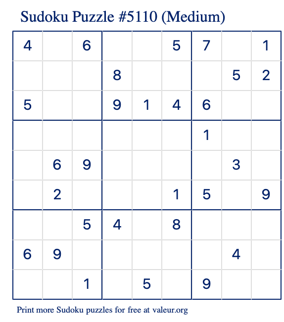Free Printable Medium Sudoku Puzzle number 5110