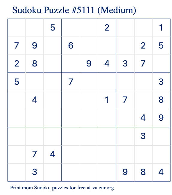 Free Printable Medium Sudoku Puzzle number 5111